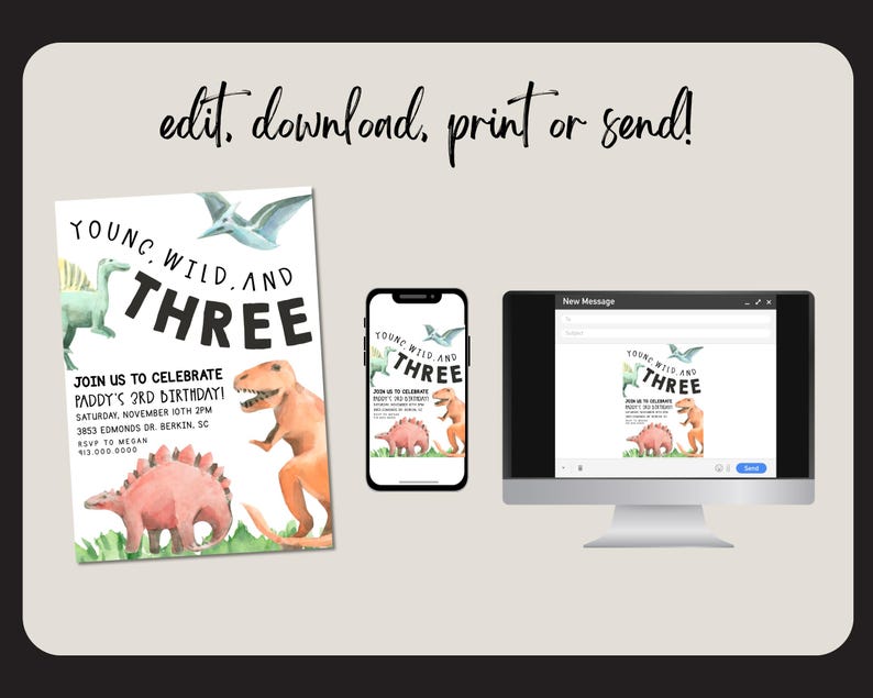 May include: A printable dinosaur-themed birthday invitation for a child turning three. The invitation features a watercolor illustration of dinosaurs and the text "Young, Wild, and Three".