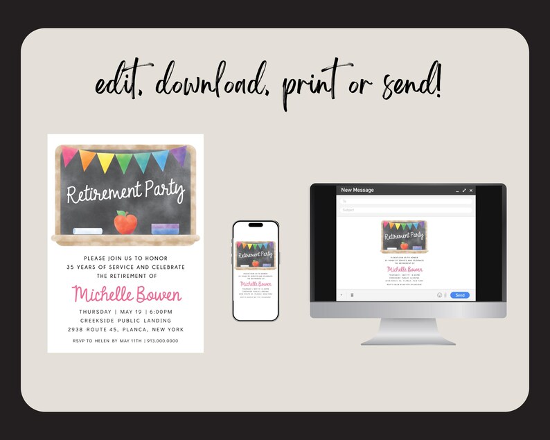 May include: A printable invitation for a retirement party. The invitation features a chalkboard with a colorful banner, an apple, and the text "Retirement Party". The invitation also includes the name "Michelle Bowen" and details about the party, including the date, time, and location.