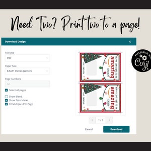 May include: A screenshot of a website showing a design template for a Christmas gift tag. The tag features a green Christmas tree with lights and the text "Merry Christmas to an amazing teacher". The website allows users to download the design as a PDF and print two tags per page.