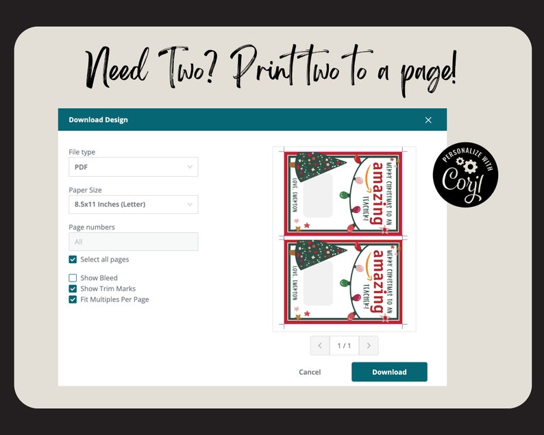 May include: A screenshot of a website showing a design template for a Christmas gift tag. The tag features a green Christmas tree with lights and the text "Merry Christmas to an amazing teacher". The website allows users to download the design as a PDF and print two tags per page.