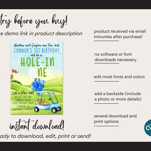May include: A printable invitation for a golf-themed first birthday party. The invitation features a blue golf cart with balloons, a golf ball, and the text "Hole-in-One". The invitation also includes the birthday boy's name, Connor, and the date and time of the party.