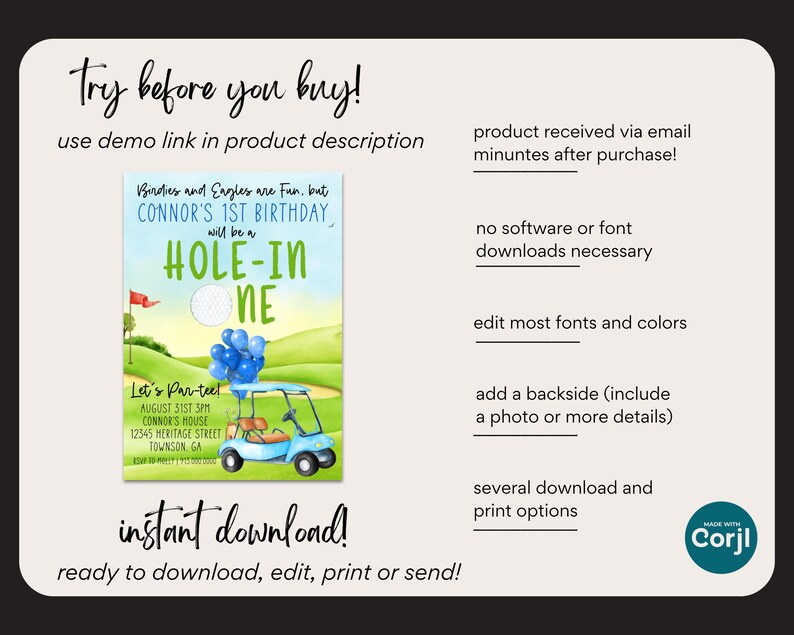 May include: A printable invitation for a golf-themed first birthday party. The invitation features a blue golf cart with balloons, a golf ball, and the text "Hole-in-One". The invitation also includes the birthday boy's name, Connor, and the date and time of the party.