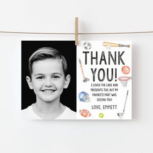 Geburtstagsfeier Sport Dankeskarte mit Foto, Sport Geburtstag Dankeskarte Druckbar Textable Sport Dankeskarte Versuchen Sie es vor dem Kauf
