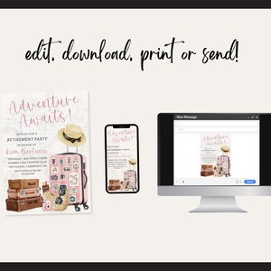 May include: A digital invitation design for a retirement party, featuring the text "Adventure Awaits!" and a graphic of a suitcase, hat, and travel-themed elements. The design is displayed on a computer, phone, and printed card.