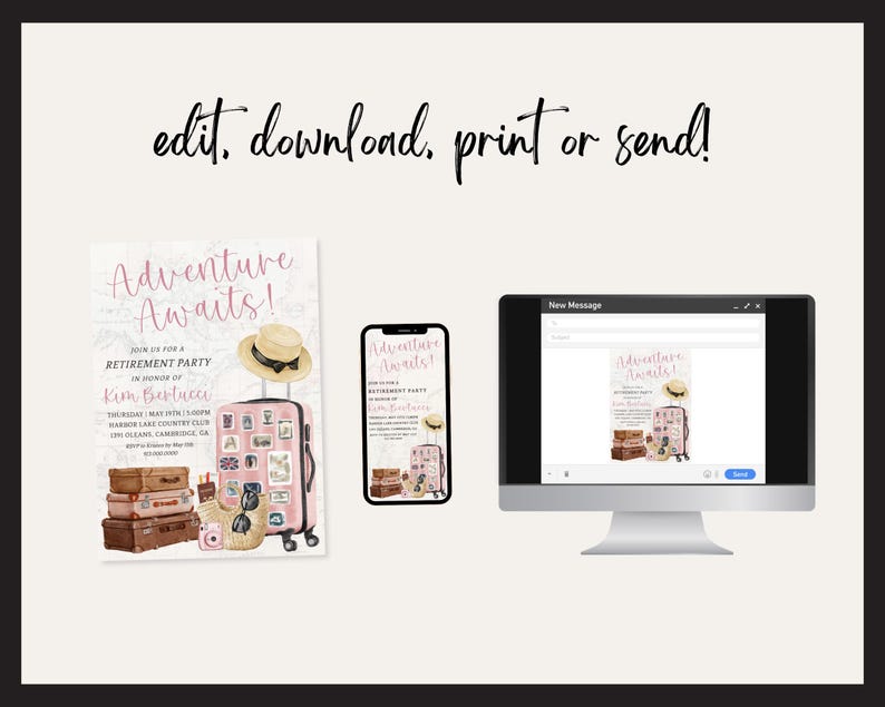 May include: A digital invitation design for a retirement party, featuring the text "Adventure Awaits!" and a graphic of a suitcase, hat, and travel-themed elements. The design is displayed on a computer, phone, and printed card.