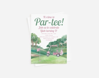Invitación de cumpleaños de golf para niña, plantilla imprimible, invitación de fiesta de golf rosa y verde, invitación de fiesta de cumpleaños de golf, plantilla de evite con texto imprimible