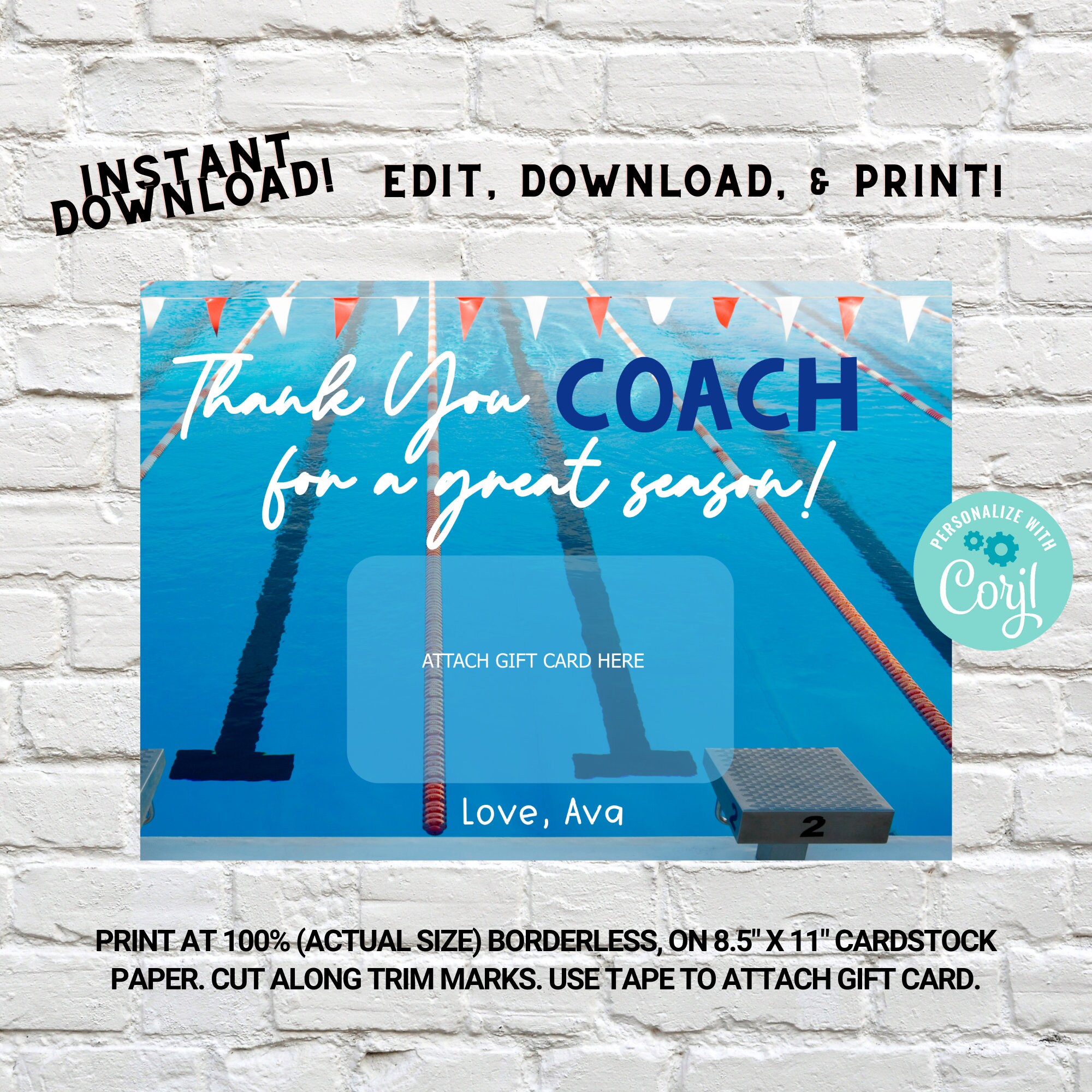 Thank You Swim Coach Gift Card Printable Template, Thank You Card for ...