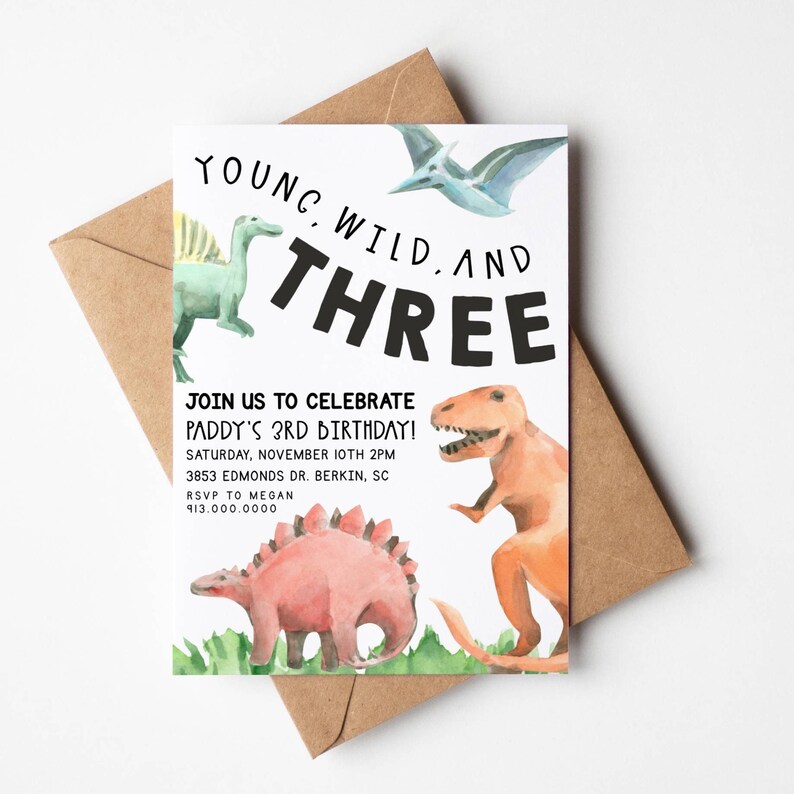 May include: A birthday invitation with a dinosaur theme. The invitation says "Young, Wild, and Three" and includes a watercolor illustration of dinosaurs. The text on the invitation says "Join us to celebrate Paddy's 3rd Birthday! Saturday, November 10th 2PM 3853 Edmonds Dr. Berkin, SC RSVP to Megan 913.000.0000"