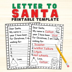 Plantilla de carta a Papá Noel imprimible, plantilla de carta a Papá Noel con lista de Navidad en blanco, preescolar, jardín de infantes, descarga instantánea