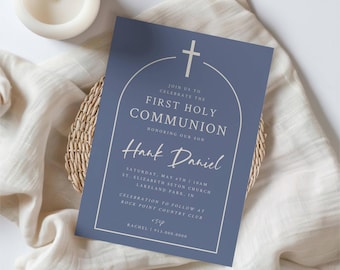Dusty Blue First Holy Communion Invitation Minimalist Modern Blue Cream Beige First Holy Communion Invite Printable 5x7 and Textable Version
