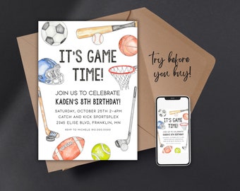 Sports Birthday Invitation Printable Template, Editable Instant Download Sports Theme Invitation Template