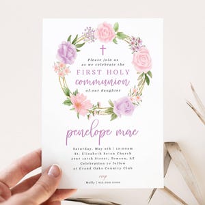 First Holy Communion Invitation, Editable Printable Template, Floral Purple Blush Pink Girl First Communion Invite, Instant Download