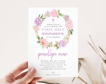 Invitación de primera comunión, plantilla editable e imprimible, invitación de primera comunión para niña con flores moradas y rosas, descarga instantánea