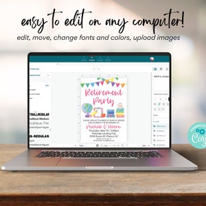 May include: A customizable retirement party invitation template with a colorful design featuring a globe, books, and a graduation cap. The text reads "Retirement Party" and includes the name "Michele O'Hearn" and details for the event.