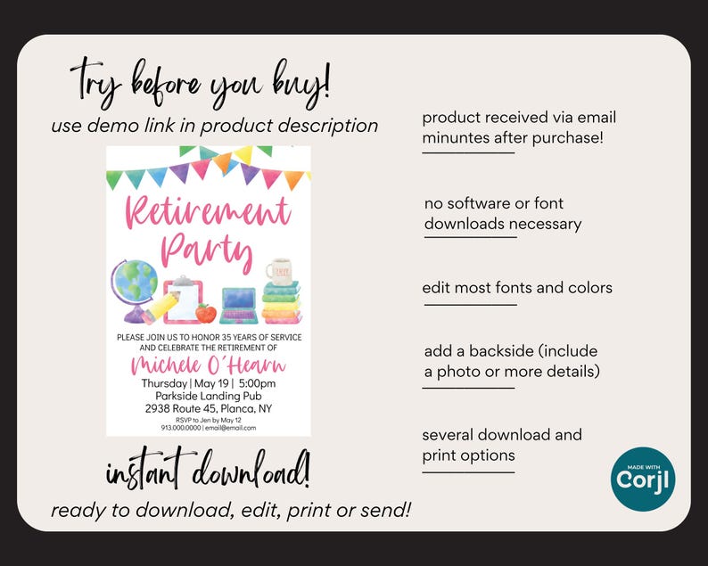 May include: A pink and white printable retirement party invitation with a watercolor illustration of a globe, books, pencils, and a red apple. The text reads "Retirement Party" and includes the name "Michele O'Hearn" and the date and time of the party. The invitation also includes the text "instant download!" and "ready to download, edit, print or send!"