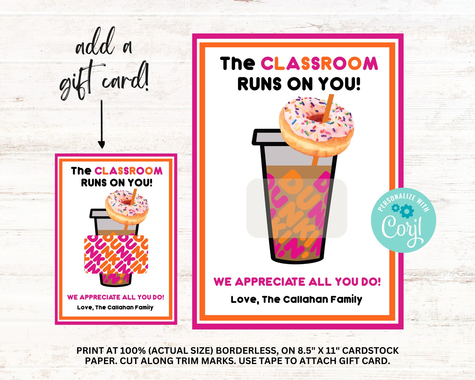Teacher Appreciation Add Dunkin' Donuts Printable Gift Card Template ...