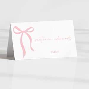 Cartões de lugar com laço rosa, modelo para impressão, cartões de lugar com nome, planos e em formato de tenda, laço de fita, fáceis de editar e imprimir, adicione a opção de escolha de refeição