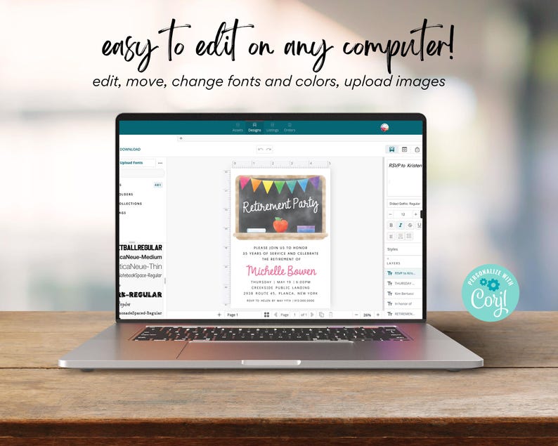 May include: A laptop screen displaying a customizable retirement party invitation template with a chalkboard design, colorful pennants, and the text "Retirement Party". The invitation is editable with text, fonts, colors, and images. The text "RSVP" is visible in the side panel.