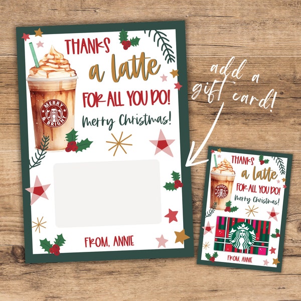 Printable Christmas Card Template, Add Starbucks Gift Card, Thanks a Latte, Editable Christmas Add Gift Card, Instant Download!