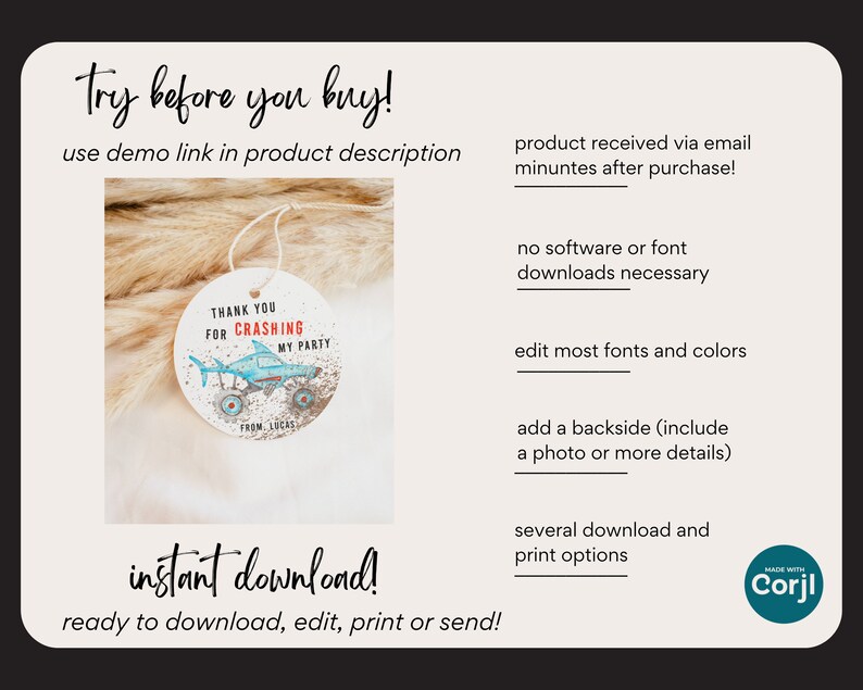 May include: A round, white tag with blue and red text that says "Thank You For Crashing My Party" with a cartoon monster truck and shark illustration. The tag is on a brown, fuzzy surface.
