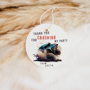 Monster Truck Favor Tag Birthday Party Thank You Favor Tag Printable Template, Monster Truck Orange Blue Red Party Favor Tag Template