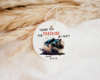 Monster Truck Favor Tag Birthday Party Thank You Favor Tag Printable Template, Monster Truck Orange Blue Red Party Favor Tag Template