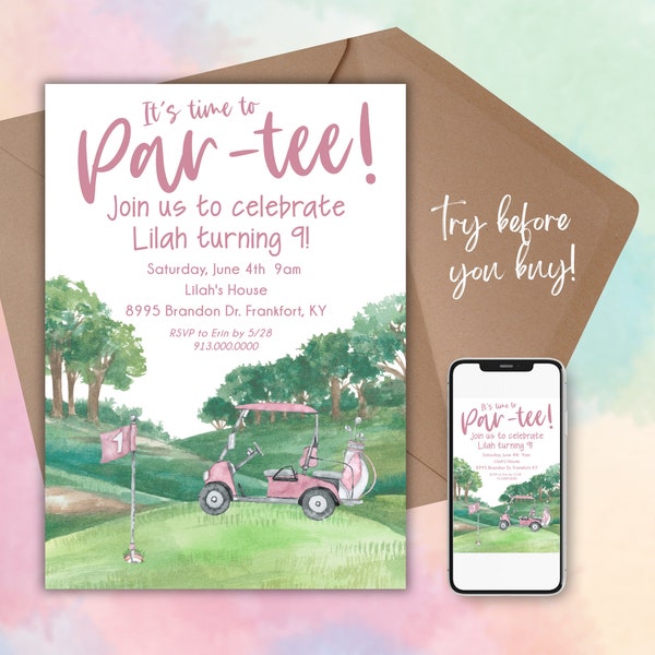 Girl Golf Birthday Invitation Printable Template, Par-tee Invitation, Pink Golf Birthday Party Invitation Printable Textable Evite Template