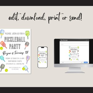 K&ouml;nnte beinhalten: Eine bearbeitbare digitale Einladung zu einer Pickleball-Party. Die Einladung zeigt ein Aquarelldesign mit bunten Schl&auml;gern und einem Ball. Der Text lautet "Bitte schlie&szlig;en Sie sich uns zu einer Pickleball-Party an, Bryce wird 10!" mit Details zur Veranstaltung, einschlie&szlig;lich Datum, Uhrzeit, Ort und RSVP-Informationen.
