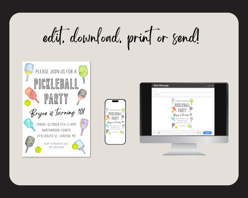 K&ouml;nnte beinhalten: Eine bearbeitbare digitale Einladung zu einer Pickleball-Party. Die Einladung zeigt ein Aquarelldesign mit bunten Schl&auml;gern und einem Ball. Der Text lautet "Bitte schlie&szlig;en Sie sich uns zu einer Pickleball-Party an, Bryce wird 10!" mit Details zur Veranstaltung, einschlie&szlig;lich Datum, Uhrzeit, Ort und RSVP-Informationen.