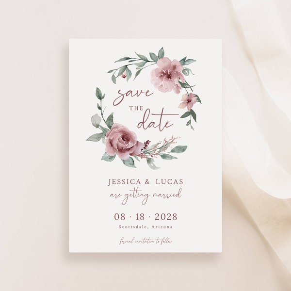 Dusty Rose Save the Date Printable Template, Floral Dusty Rose Pink Wedding Save the Date Printable Textable Dusty Rose Wedding