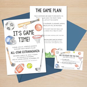Plantilla imprimible de invitación para recaudación de fondos con temática deportiva, plantilla de invitación y tarjeta de confirmación de asistencia para evento benéfico deportivo, plantilla de recaudación de fondos personalizada
