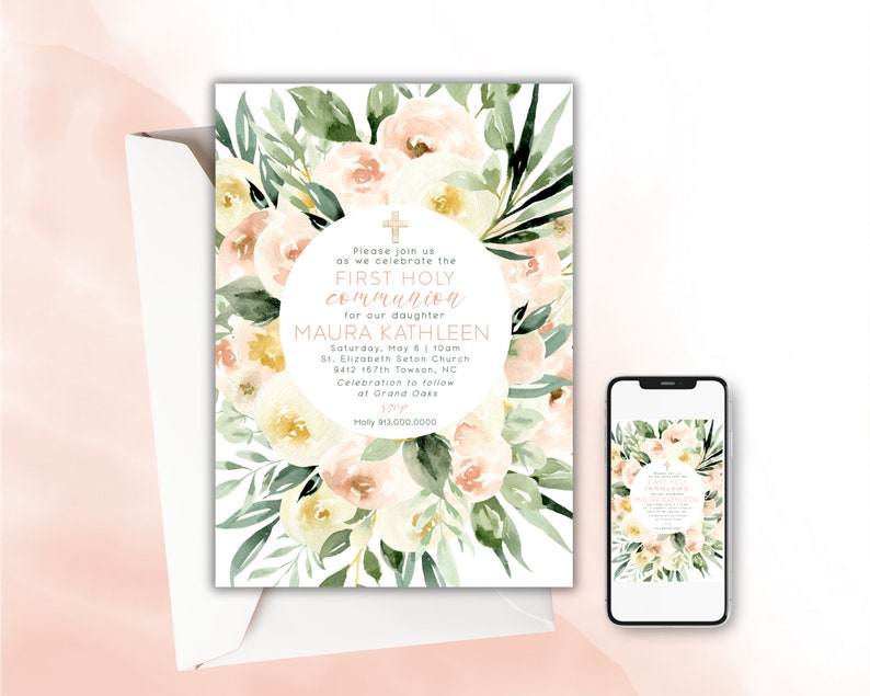 First Holy Communion Girl Floral Printable Invitation Template, Floral