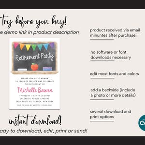 May include: Editable retirement party invitation template featuring a chalkboard with colorful pennant flags, an apple, and the text "Retirement Party". The template includes the text "Please join us to honor 35 years of service and celebrate the retirement of Michelle Bowen".