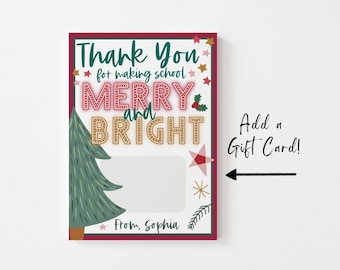 Teacher Christmas Add Gift Card Printable Template, Christmas Holidays Thank You School Staff Add Gift Card Template, Merry & Bright