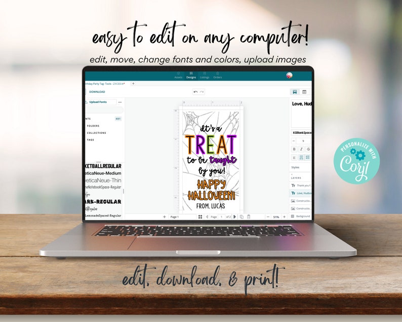 Puede incluir: Una pantalla de ordenador que muestra un dise&ntilde;o imprimible de Halloween con el texto "It's a TREAT to be taught by you! HAPPY HALLOWEEN FROM, LUCAS". El dise&ntilde;o se puede personalizar utilizando el sitio web Corjl.