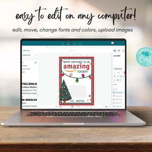 May include: A laptop screen displaying a digital design template for a Christmas card. The card features a red border with a green Christmas tree and the text "Merry Christmas to an amazing teacher!"  The text "Love, Simpson" is at the bottom of the card. The design is customisable with the text and images.