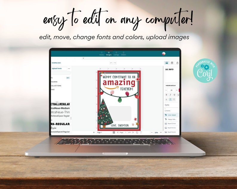 May include: A laptop screen displaying a digital design template for a Christmas card. The card features a red border with a green Christmas tree and the text "Merry Christmas to an amazing teacher!"  The text "Love, Simpson" is at the bottom of the card. The design is customisable with the text and images.