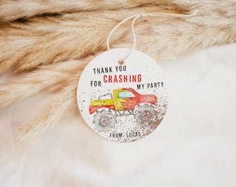 Monster Truck Favor Tag Birthday Party Thank You Favor Tag Printable Template, Monster Truck Red Yellow Red Party Favor Tag Template