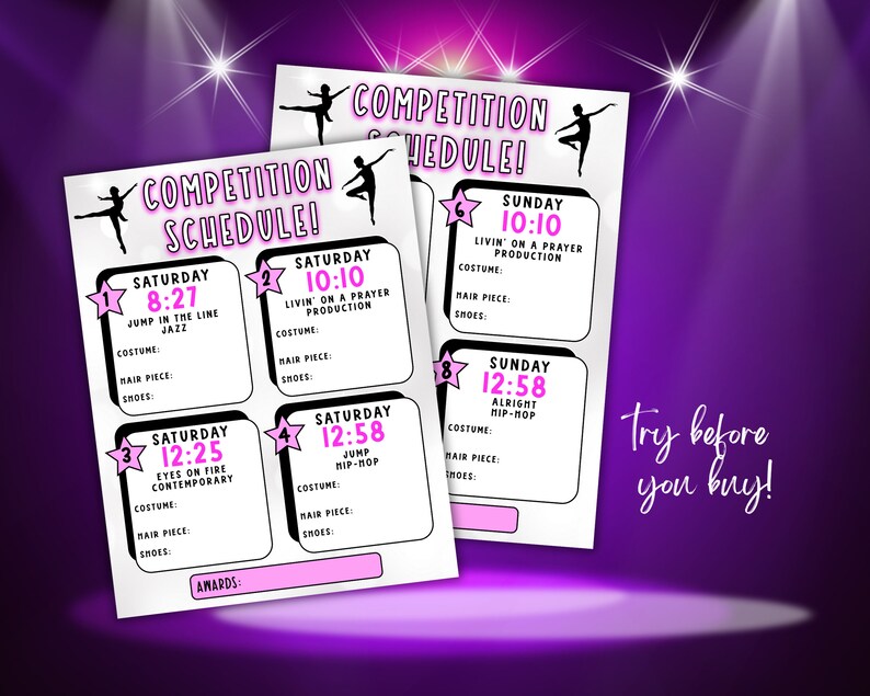 Dance Competition Schedule Itinerary Printable Template, Try Before You