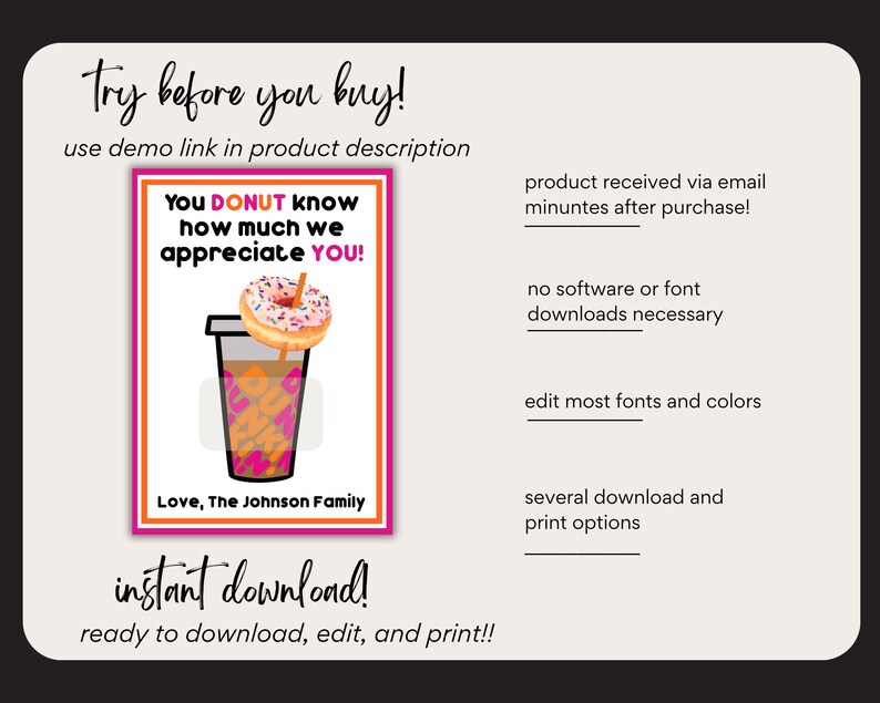 Printable Appreciation Card, Instant Download, Add Dunkin' Donuts Gift ...