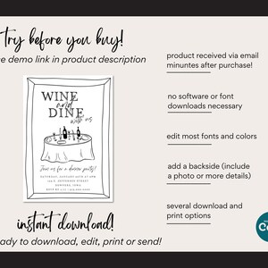 May include: Black and white illustration of a dinner party invitation with the text "Wine and Dine with us". The invitation includes a table setting with wine glasses, bottles, and plates. The text "Join us for a dinner party!" is below the illustration.