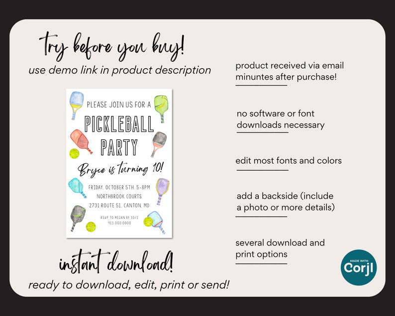 K&ouml;nnte beinhalten: Druckbare Einladung zu einer Pickleball-Party mit einem Aquarell-Design von Pickleball-Schl&auml;gern und einem Tennisball. Die Einladung lautet "Bitte schlie&szlig;en Sie sich uns zu einer Pickleball-Party an" und "Bryce wird 10!" mit Datum, Uhrzeit und Ort der Party.