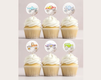 Monster Truck Cupcake Toppers Monster Truck verjaardag afdrukbare Cupcake Toppers Instant Download Monster Truck partij ronde Cupcake Toppers