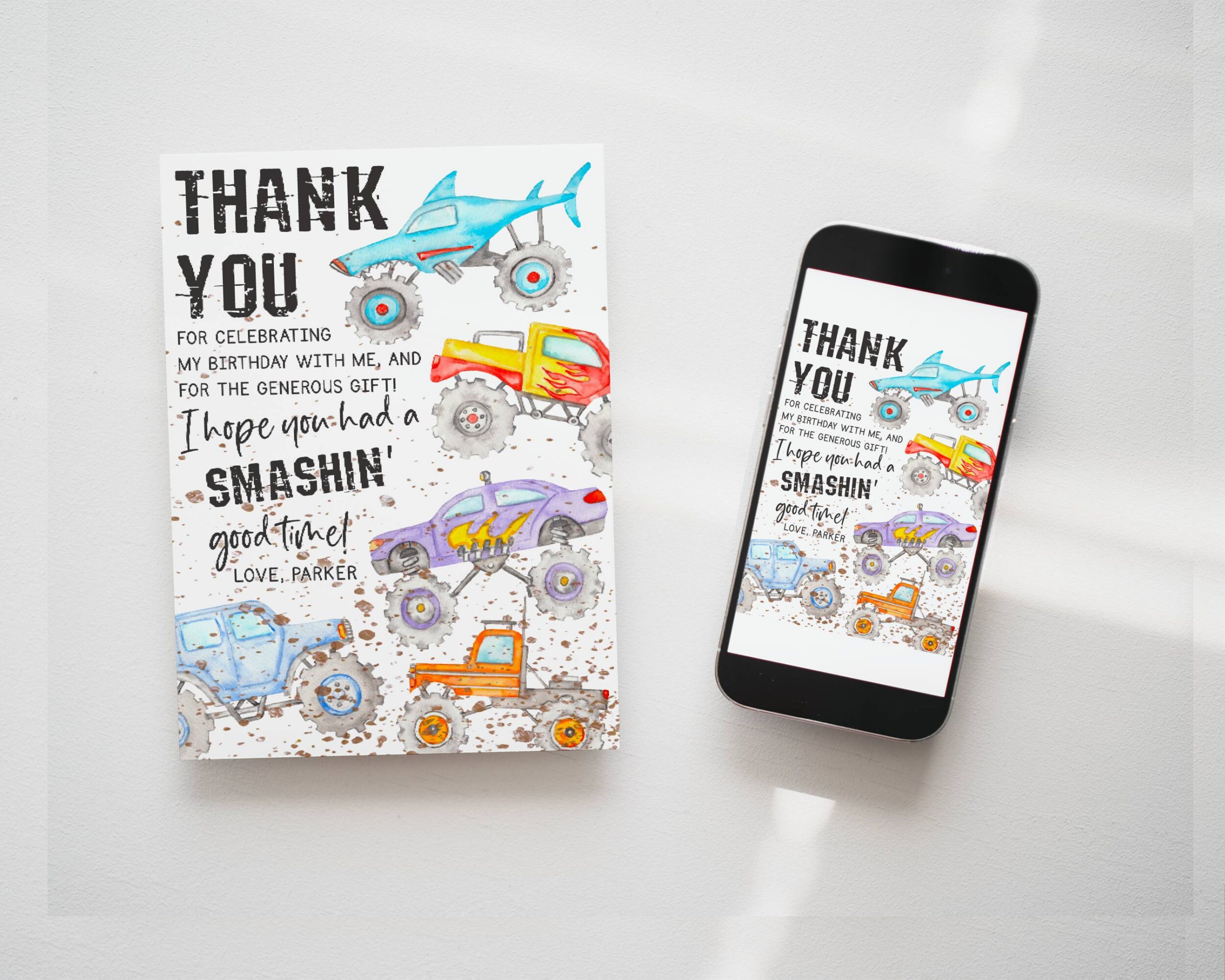 Birthday Thank You Monster Truck Party Thank You Printable Template ...