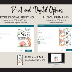 May include: A digital download for a dinosaur-themed birthday party invitation. The invitation features a watercolor illustration of a dinosaur with the text "Young, Wild, and Three." The download options include professional printing, home printing, and text or email.