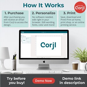 May include: A computer screen displaying a website with the text "Corjl" and a description of how to use the website to personalize and print designs. The text "Try before you buy!" and "Demo Now" are also visible on the screen.
