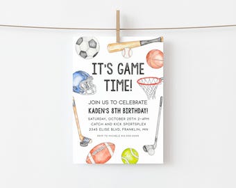 Invitación para fiesta de cumpleaños deportiva (versión imprimible y para teléfono), invitación con temática deportiva, invitación de cumpleaños multideportiva, prueba antes de comprar