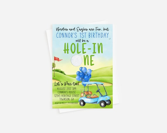 Golf Hole in One Birthday Invitation Template, Golf First Birthday Par-tee Invitation, Golf 1st Birthday Printable Textable Template Digital