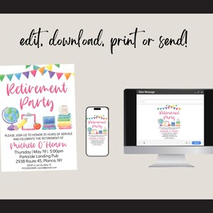 May include: A colorful retirement party invitation with a watercolor illustration of a globe, books, and a laptop. The invitation is for Michele O'Hearn and includes the date, time, and location of the party.