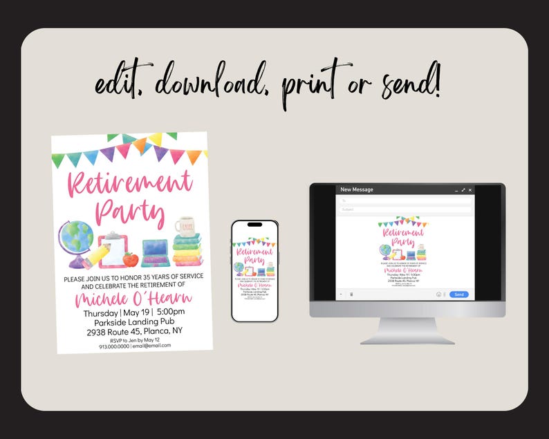 May include: A colorful retirement party invitation with a watercolor illustration of a globe, books, and a laptop. The invitation is for Michele O'Hearn and includes the date, time, and location of the party.